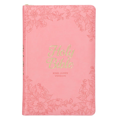 Cover Image for KJV Holy Bible, Standard Size Faux Leather Red Letter Edition - Thumb Index & Ribbon Marker, King James Version, Pink Floral Zipper Closure -- Christian Art Gifts, Leather