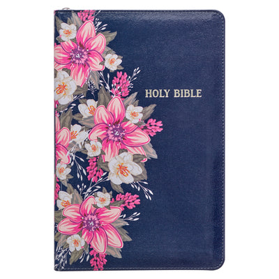Cover Image for KJV Holy Bible Standard Size Faux Leather Red Letter Edition Thumb Index & Ribbon Marker, King James Version, Blue Floral, Zipper Closure -- Christian Art Gifts, Leather