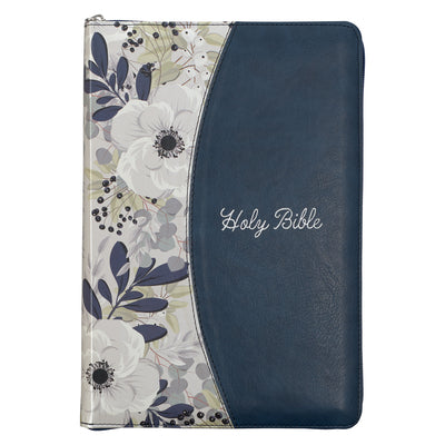 Cover Image for KJV Holy Bible, Thinline Large Print Faux Leather Red Letter Edition Thumb Index Ribbon Marker, King James Version, Blue Printed Floral, Zipper Closur -- Christian Art Gifts, Leather