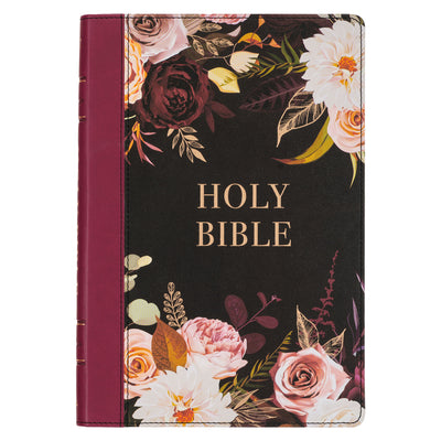 Cover Image for KJV Holy Bible, Thinline Large Print Faux Leather Red Letter Edition - Thumb Index & Ribbon Marker, King James Version, Black/Burgundy Printed Floral -- Christian Art Gifts, Leather